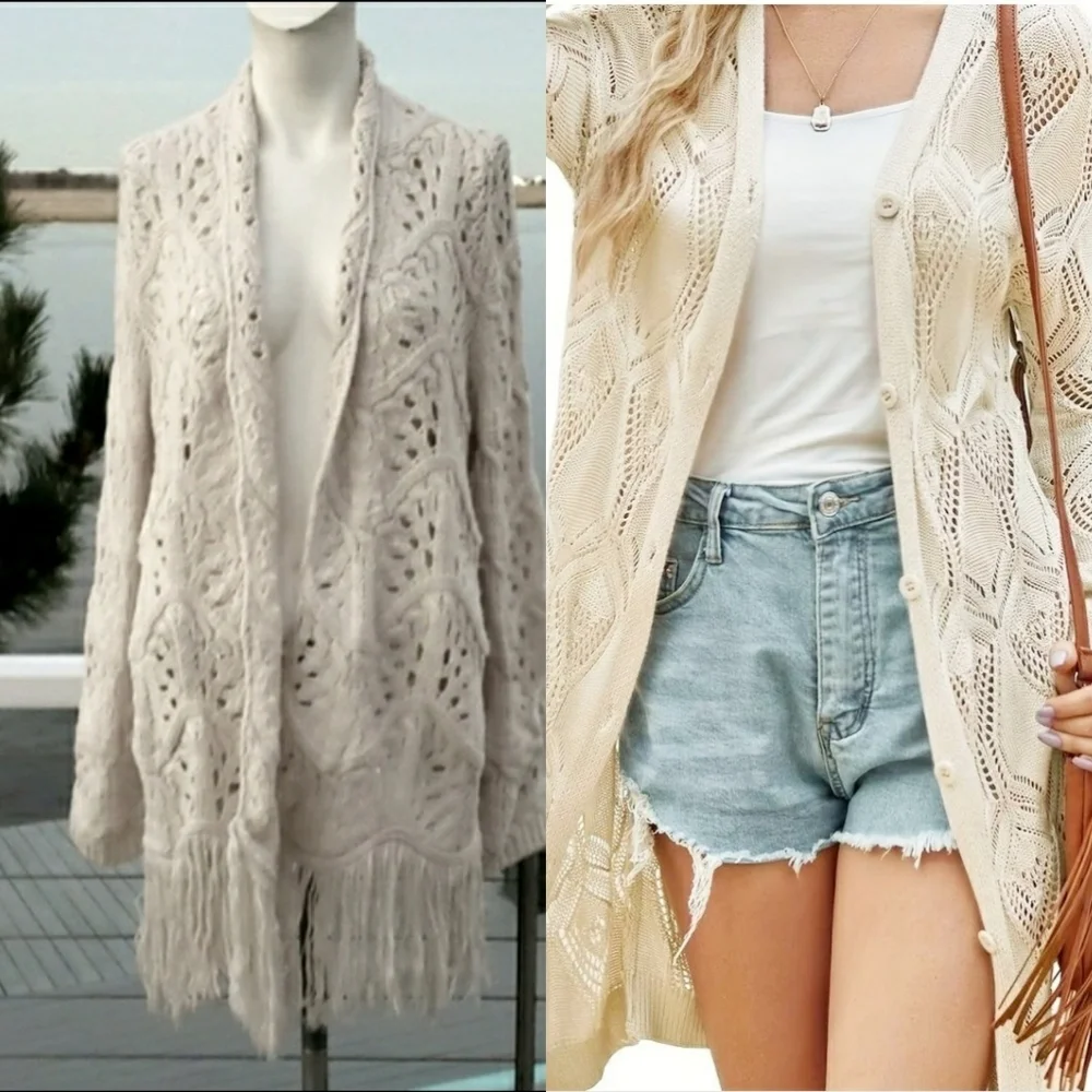 THE PARAGON Open Front Cardigan, Fringed Loose Knit Cream Color, Size L